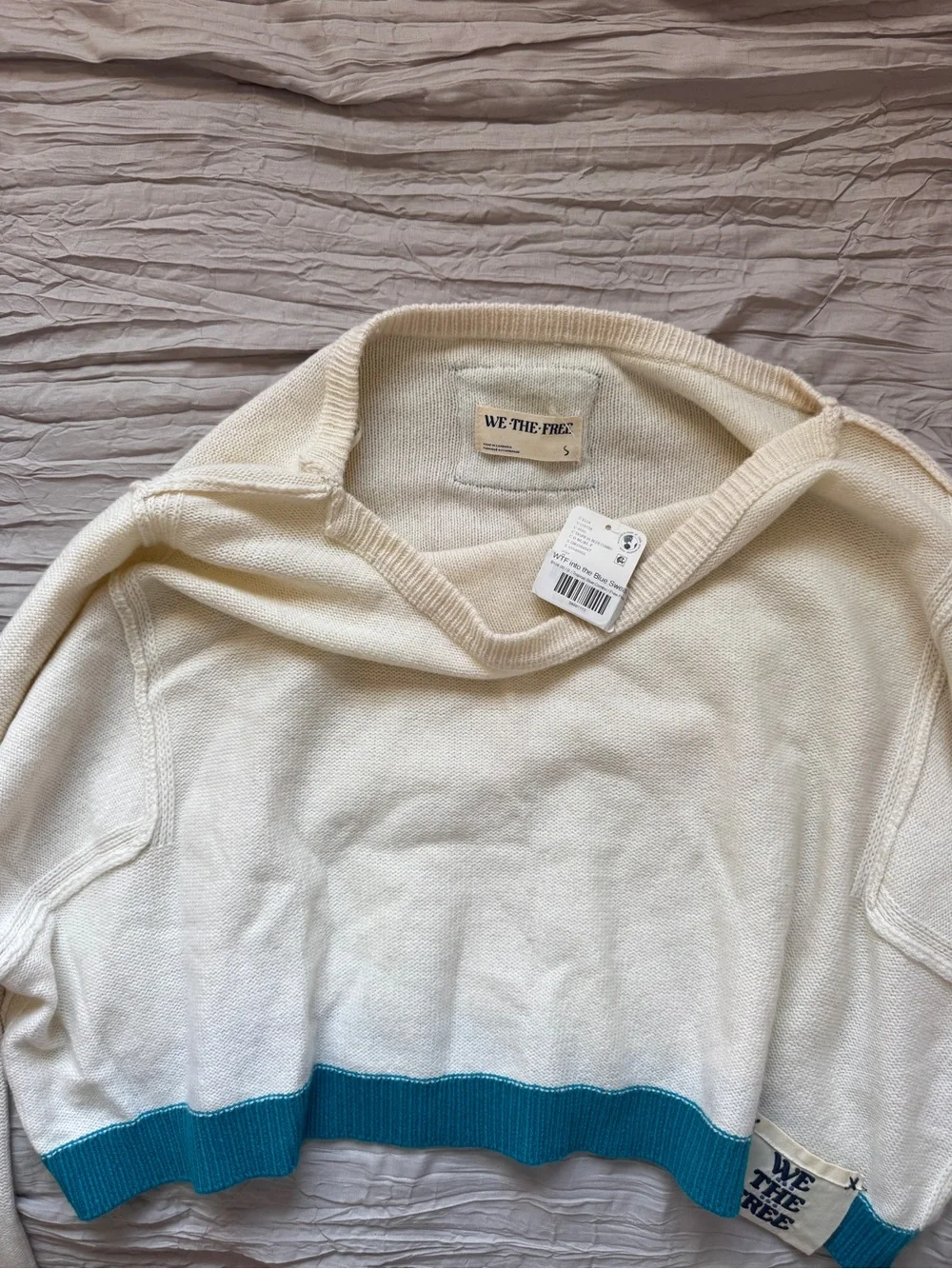 We The Free Cream Cropped Crew Sweater with Teal Trim